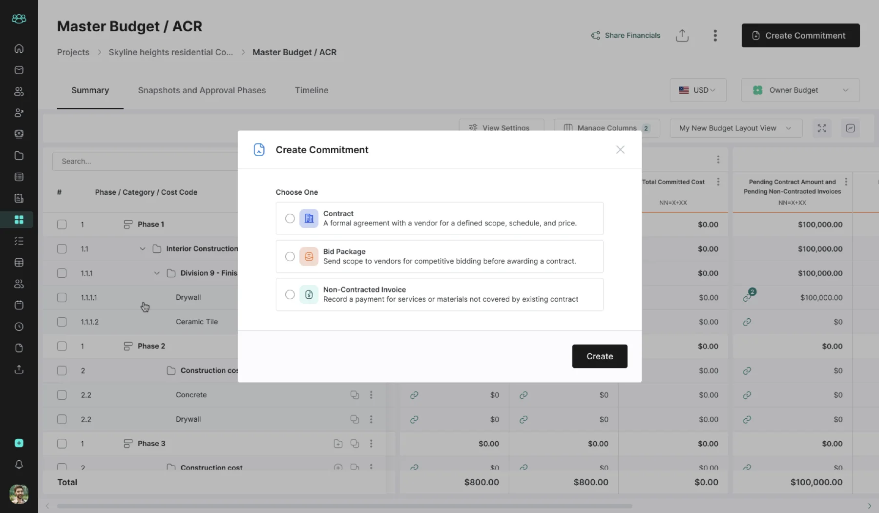 Create Commitment modal – users choose between Contract, Bid Package, or Non-Contracted Invoice in one clear screen
