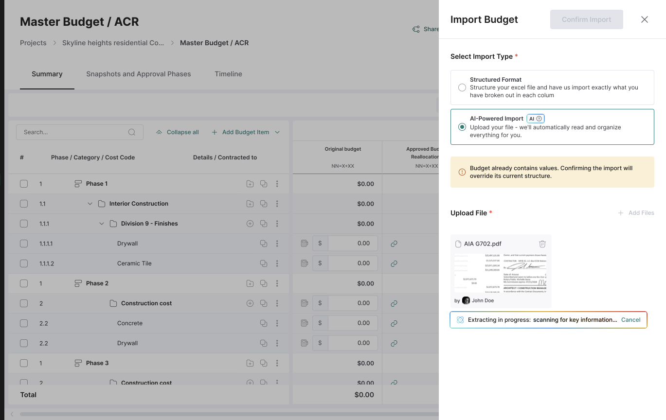 AI-powered budget import in progress – scanning an uploaded AIA G702 document for key information
