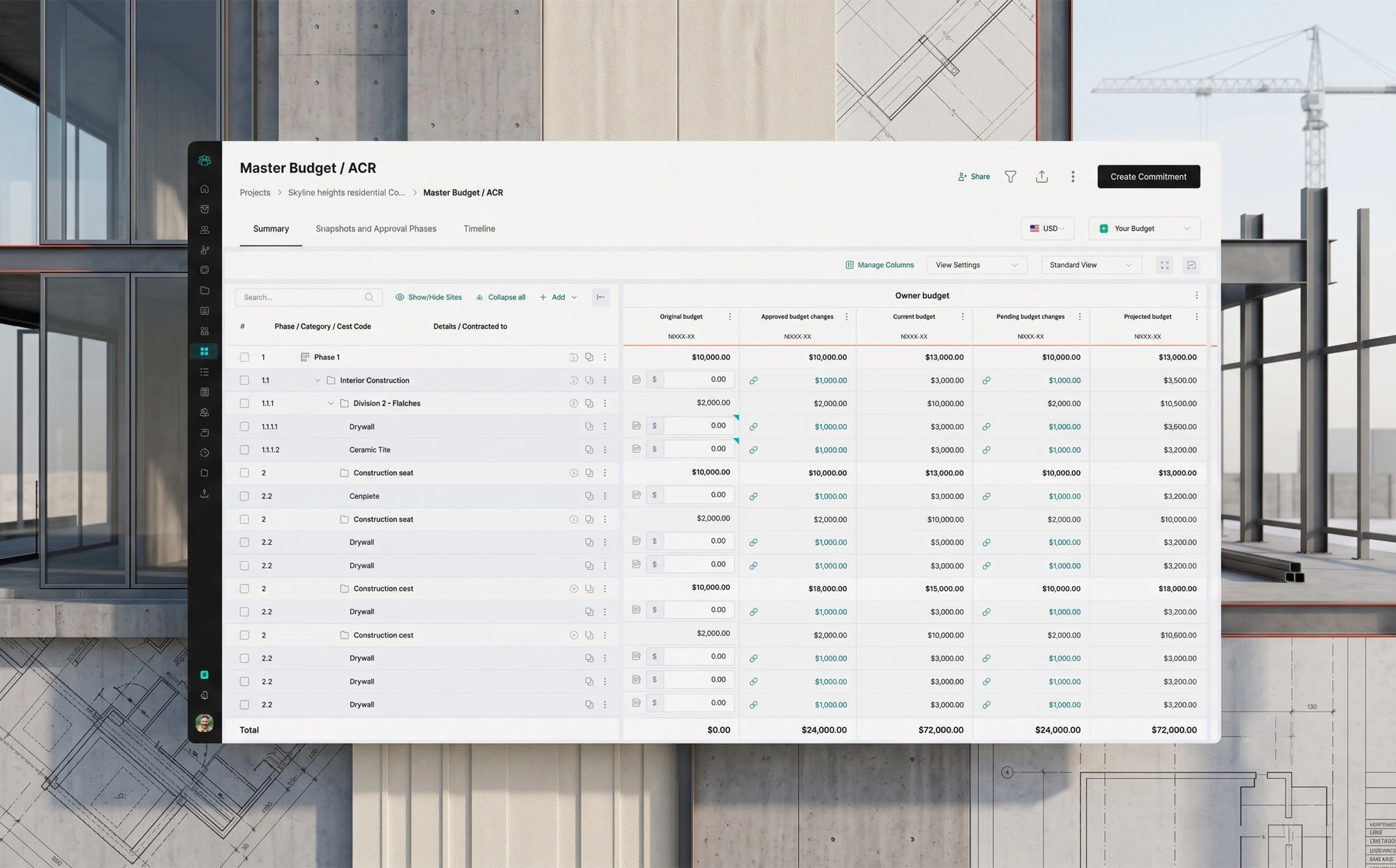 The redesigned Ingenious.Build budget module shown on a construction site – a dense, structured budget table with hierarchical phases, categories, and cost codes