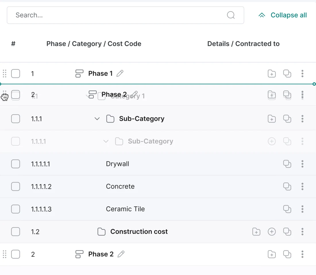Zoomed detail – drag-and-drop reordering of budget rows to shape the hierarchy