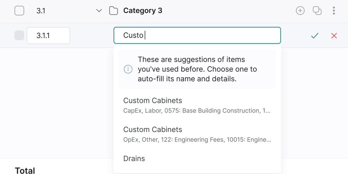 Zoomed detail – inline creation of a budget line with autocomplete suggestions from previous entries