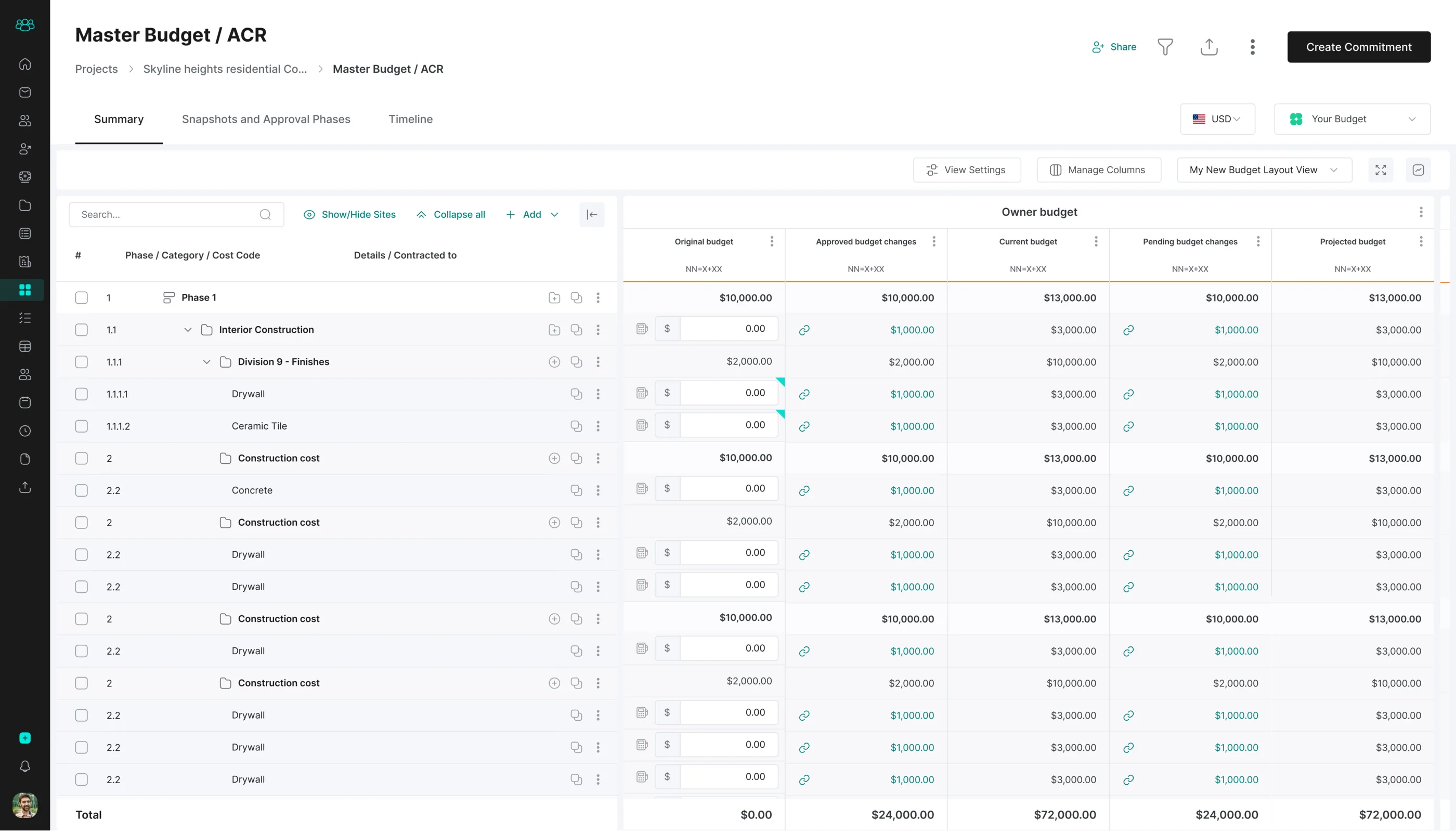 The redesigned budget module – Master Budget view with hierarchical phases, categories, and cost codes alongside owner budget columns