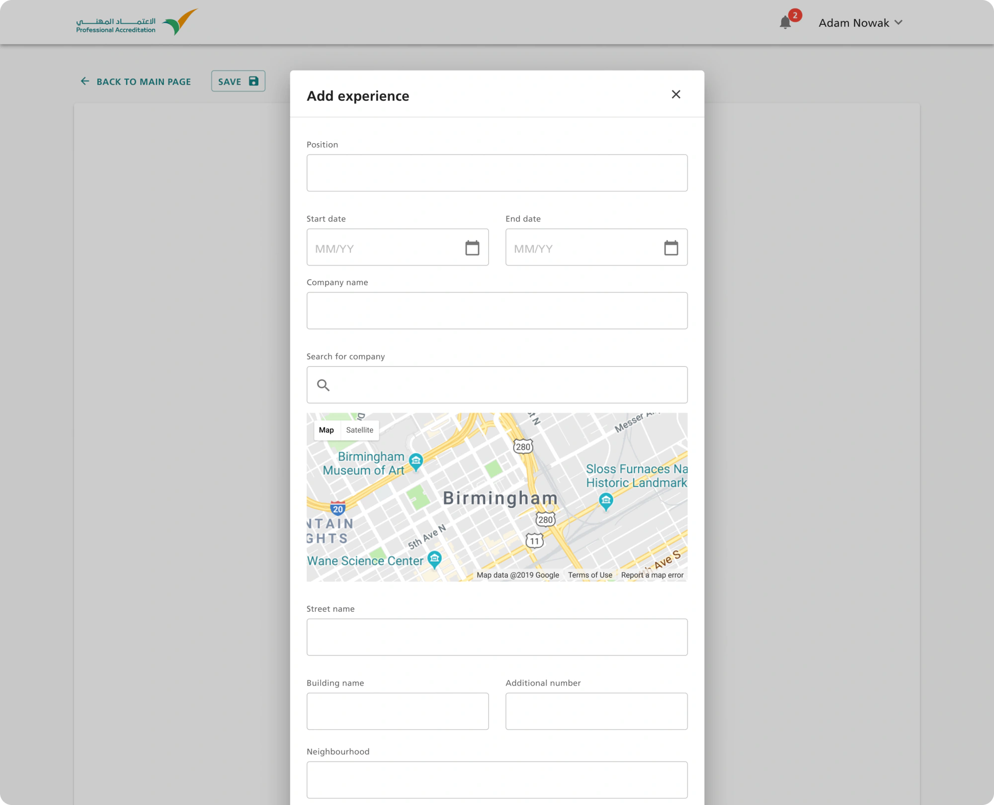 Screen showing the Add experience modal with position, dates, company name and an address search with a map