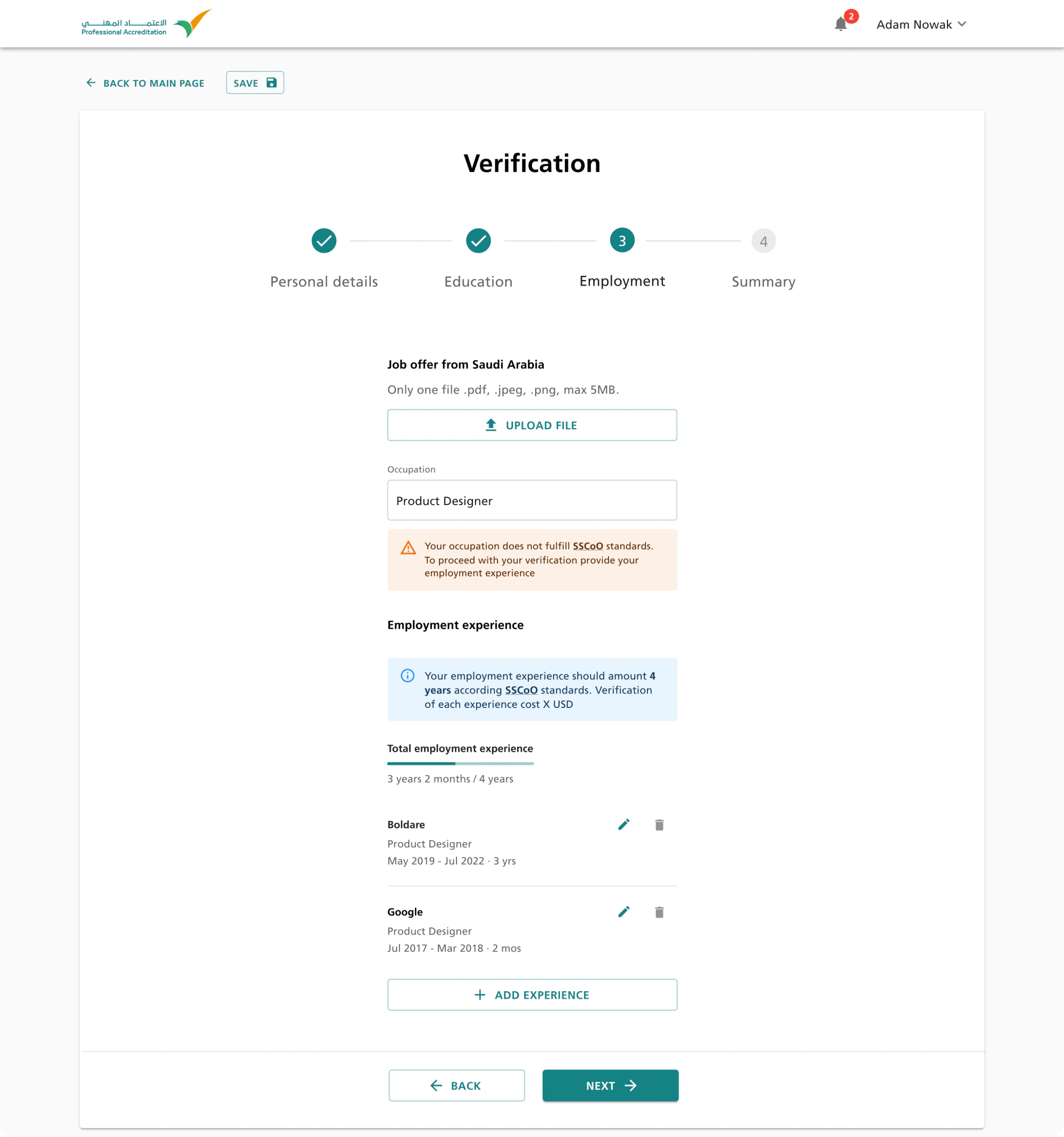 Screen showing the Employment step with an occupation warning, total employment experience of 3 years 2 months out of 4 years, and a list of added experiences