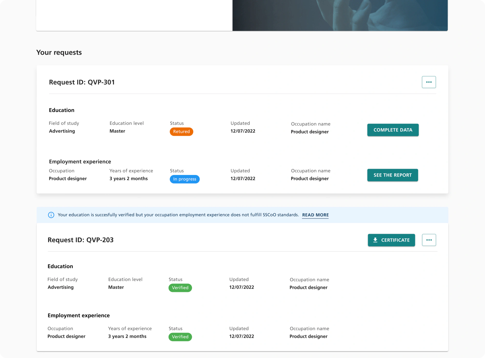 Screen showing the candidate request dashboard – request QVP-301 with education returned and employment in progress, and request QVP-203 fully verified