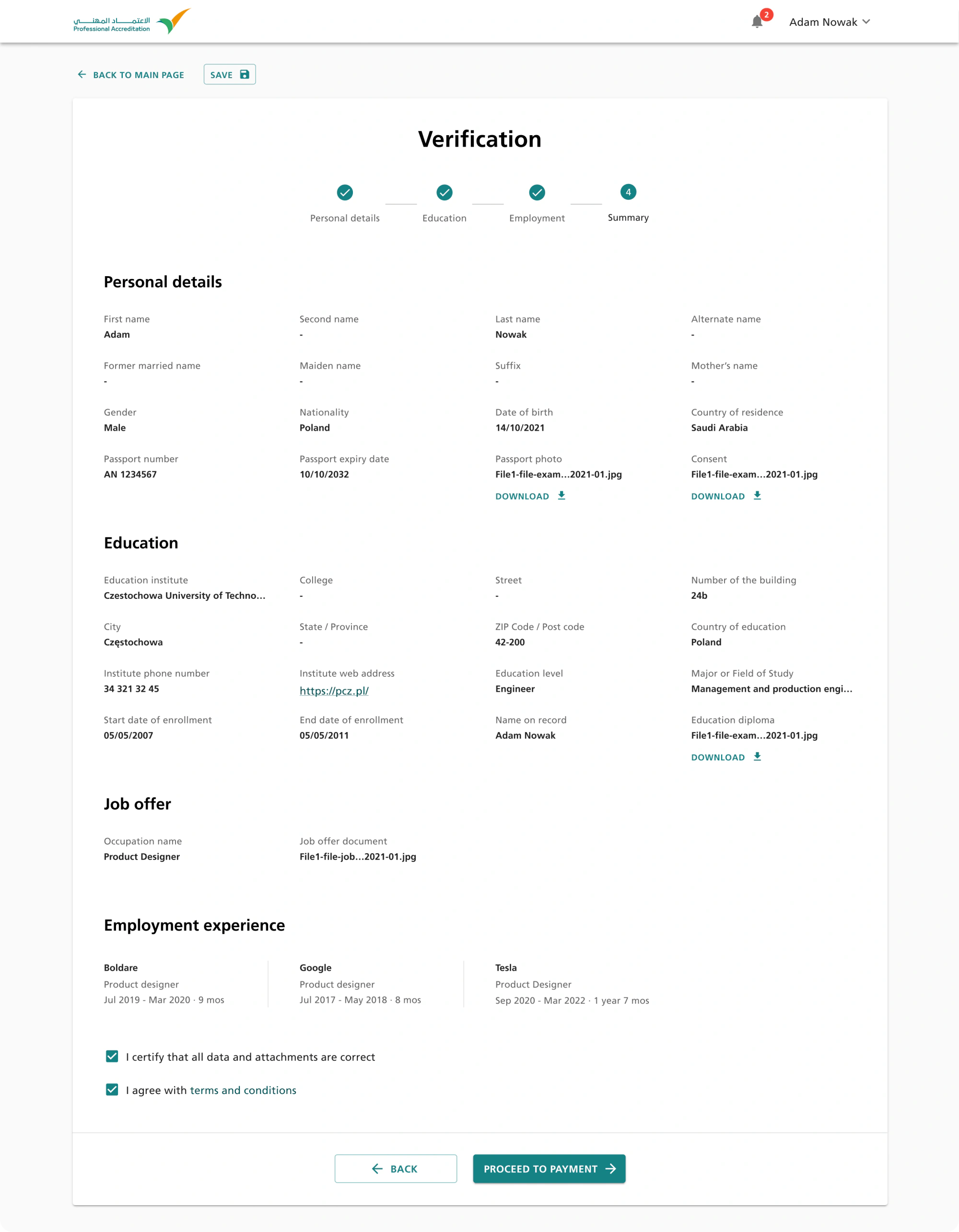 Screen showing the verification summary step – personal details, education, job offer and employment experience with consent checkboxes and a proceed-to-payment button