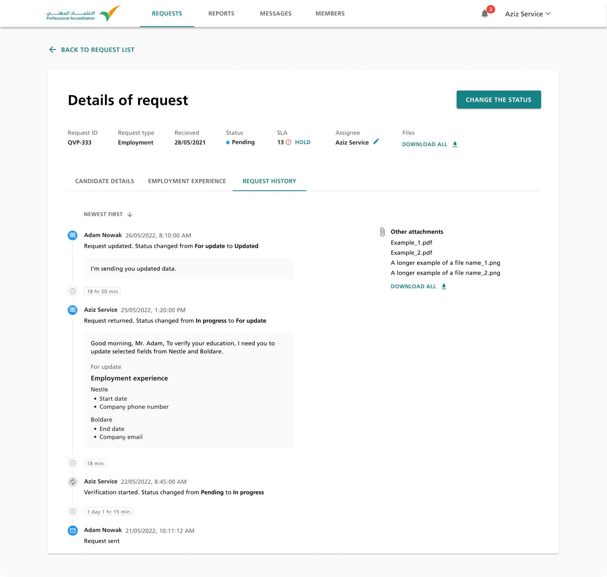 Verifier back-office – Details of request with the Request history tab active, showing a timeline of status changes and messages between verifier and candidate with attachments