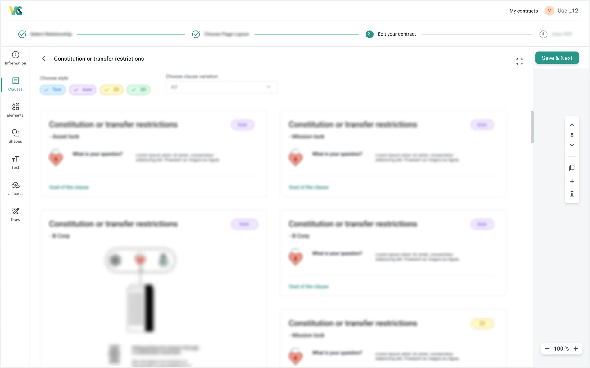 The clause library – choosing a clause and its visual style across text, icon, 2D and 3D variations, blurred for confidentiality