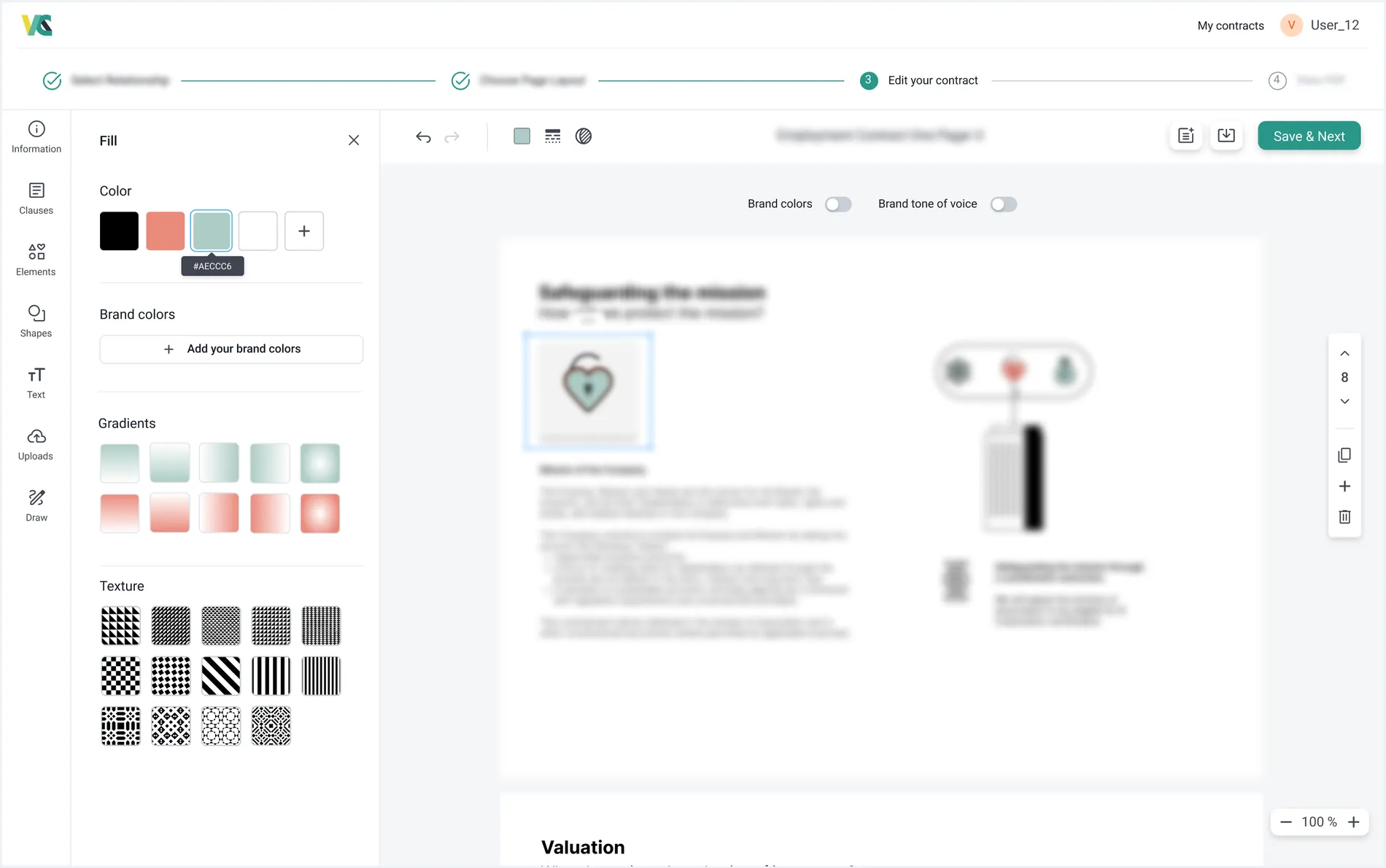 The Visual Contracts editor with the Fill panel open – brand colors, gradients and textures applied to a contract, blurred for confidentiality