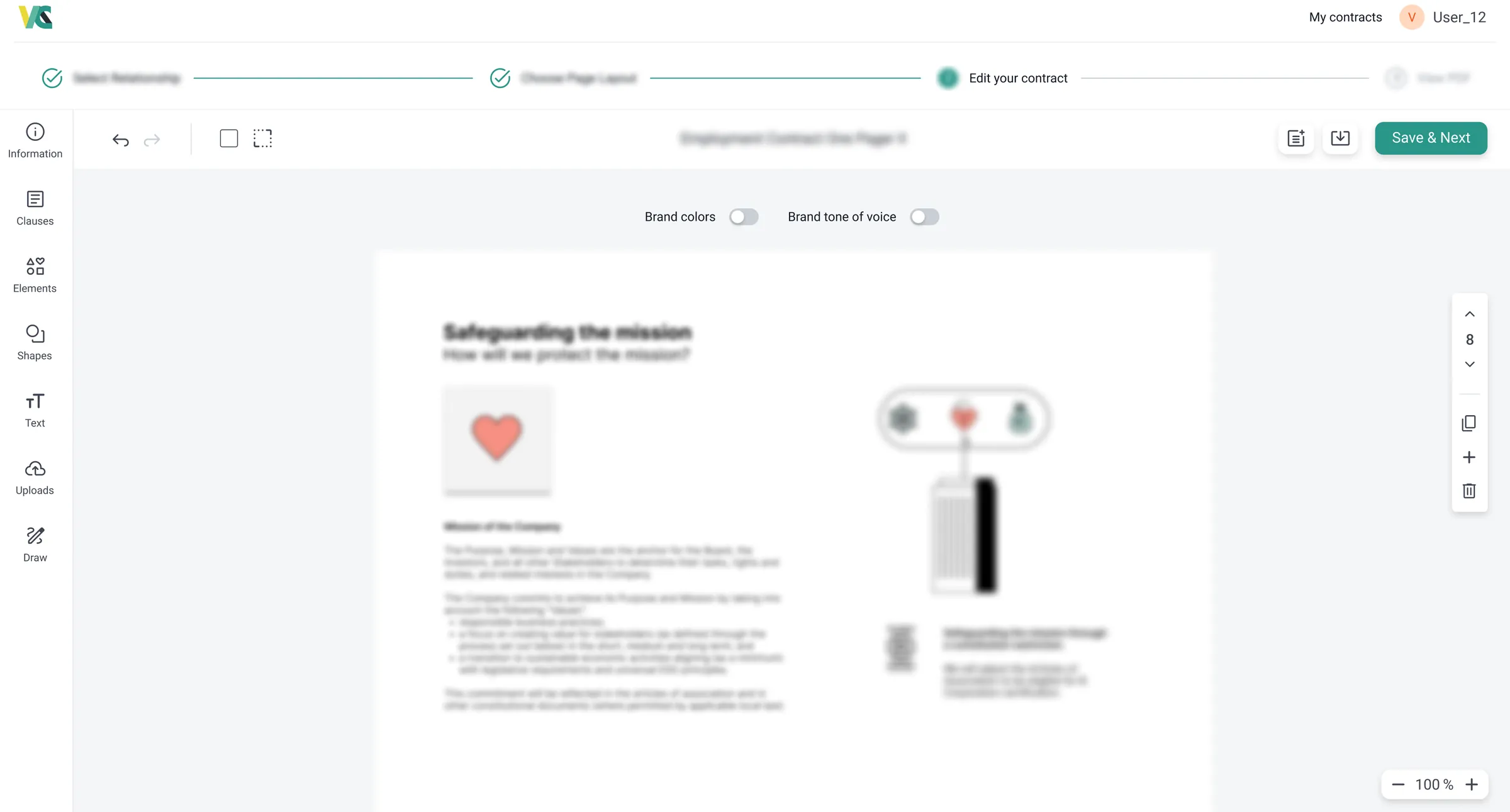 The Visual Contracts editor – the Safeguarding the mission page of an employment contract, blurred for confidentiality