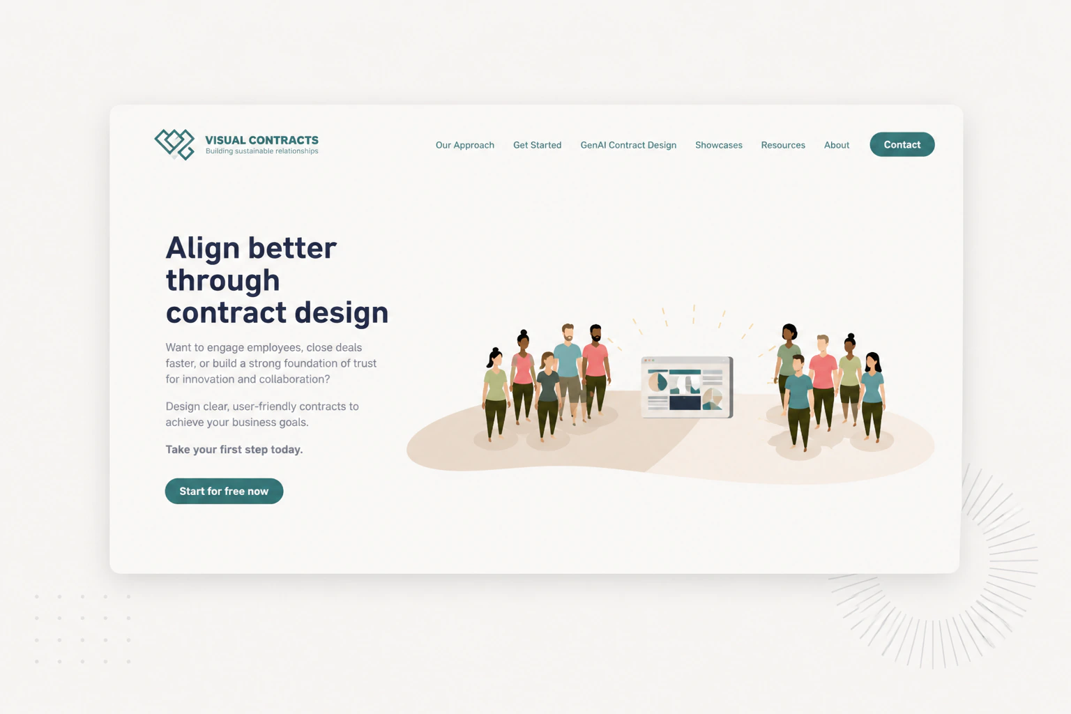 The Visual Contracts landing page – an 'Align better through contract design' hero headline beside an illustration of two teams meeting around a dashboard, with a teal 'Start for free now' call to action