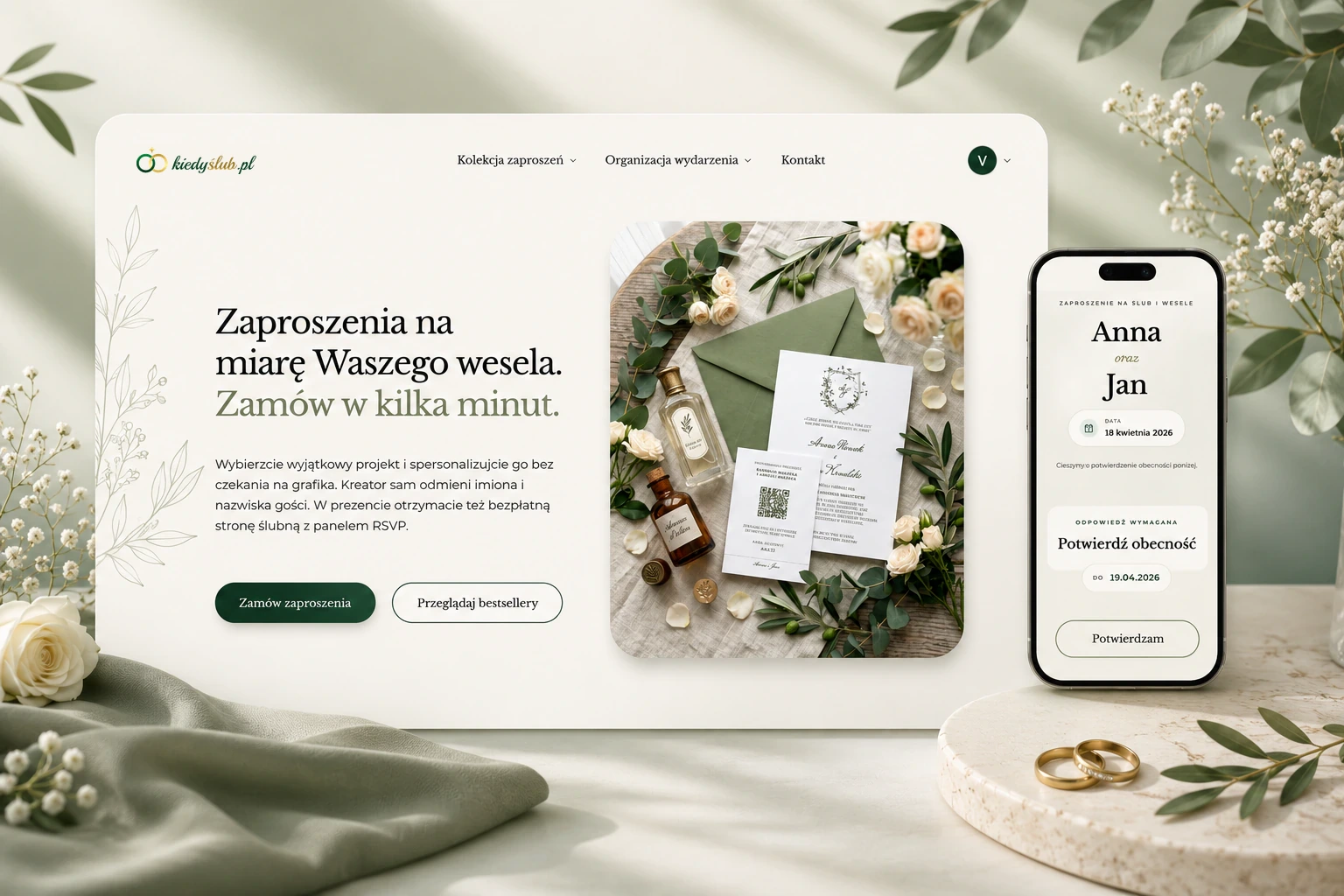 The kiedyslub.pl wedding invitation landing page shown on a laptop and phone among eucalyptus, white roses and wedding rings – a 'Zaproszenia na miarę Waszego wesela' hero with a sample invitation and a mobile RSVP confirmation screen