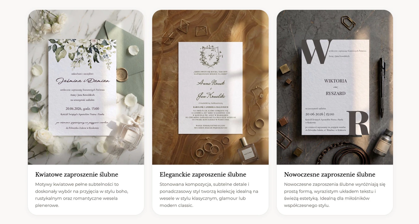 Three invitation collections – floral, elegant and modern – each shown as a styled photo card