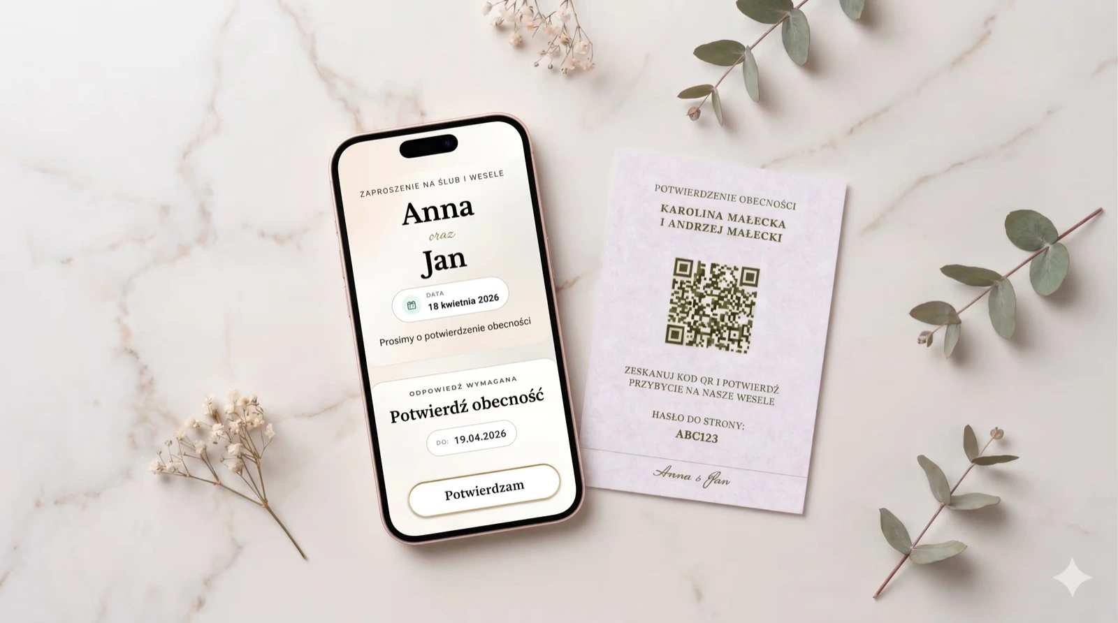 A printed RSVP card with a QR code beside the mobile wedding website where a guest can confirm attendance