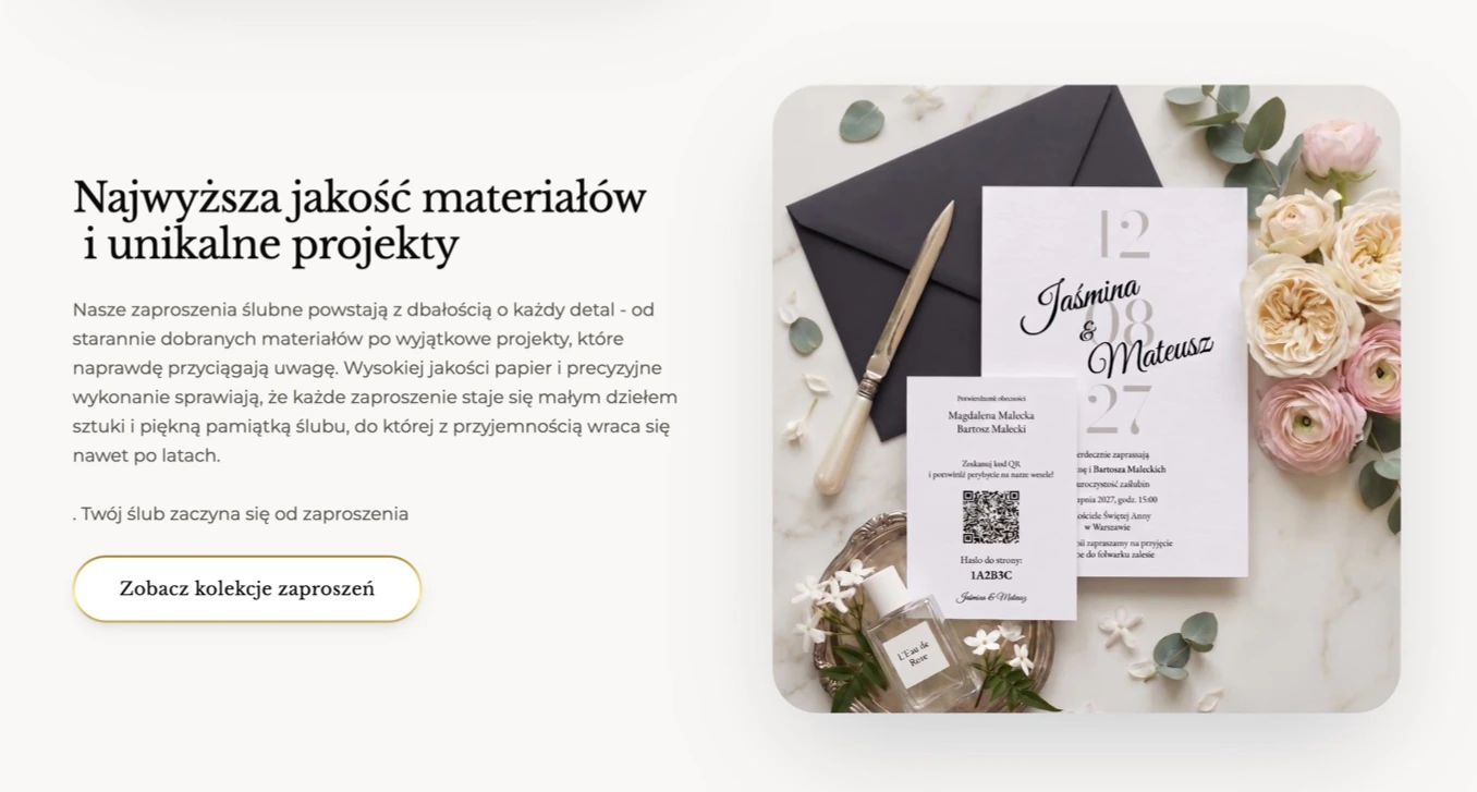 Storefront section on premium materials and unique designs, beside a photo of an invitation suite with a dark envelope and roses