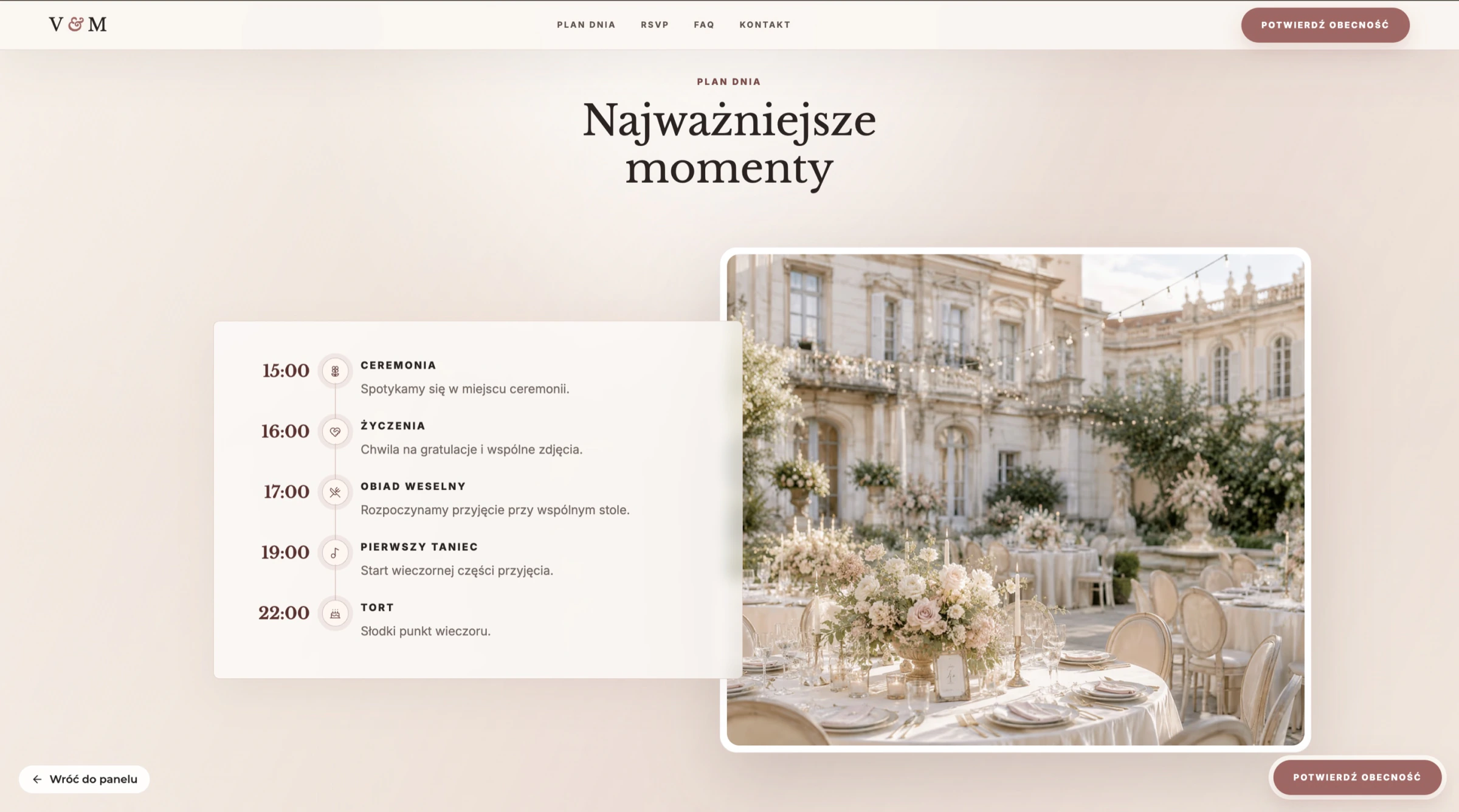 The couple's wedding website showing the day plan – ceremony, dinner, first dance and cake – next to a photo of the venue
