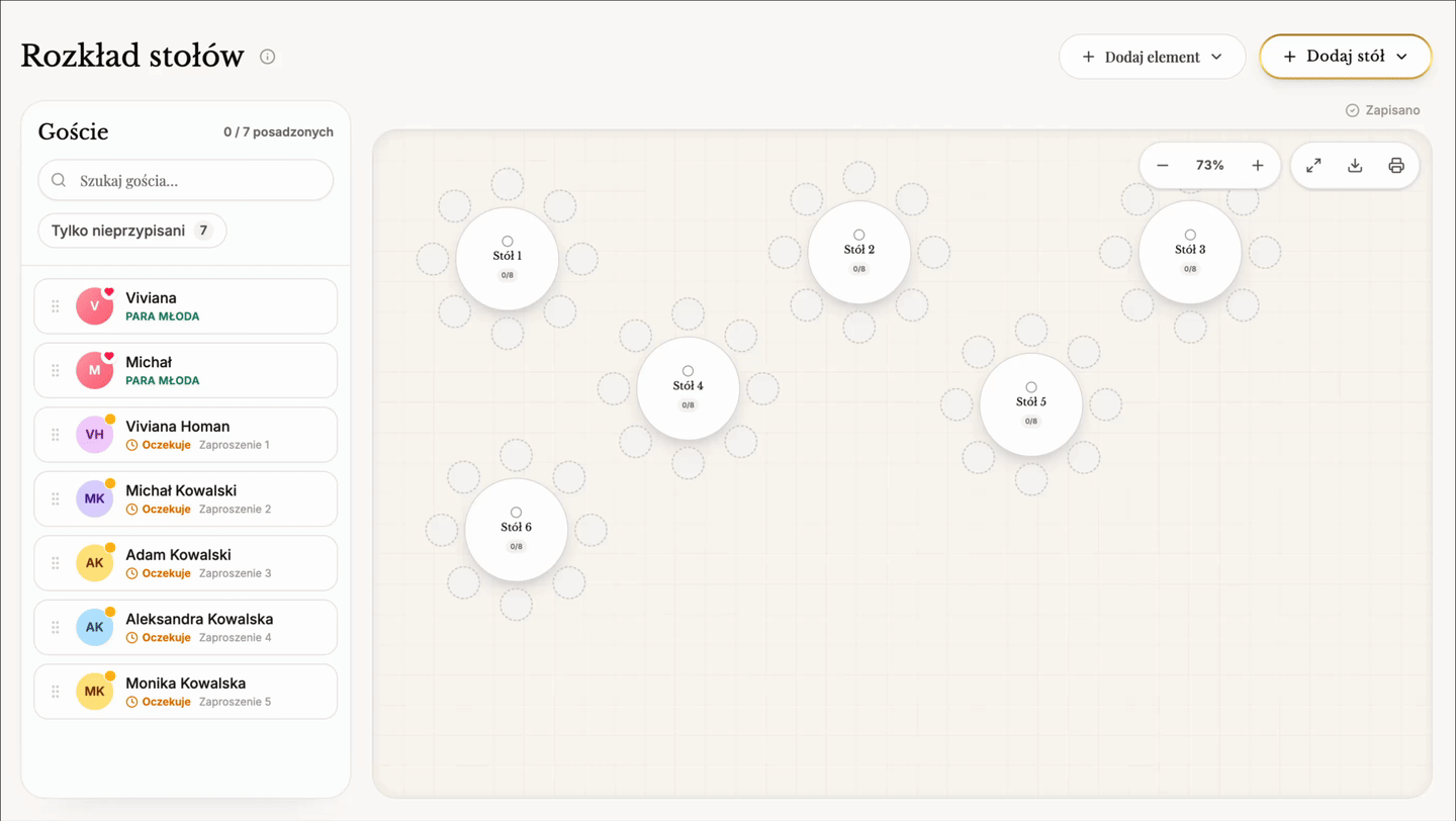 Screen recording of the table seating flow – the couple drags a guest's name onto a table and the plan updates live